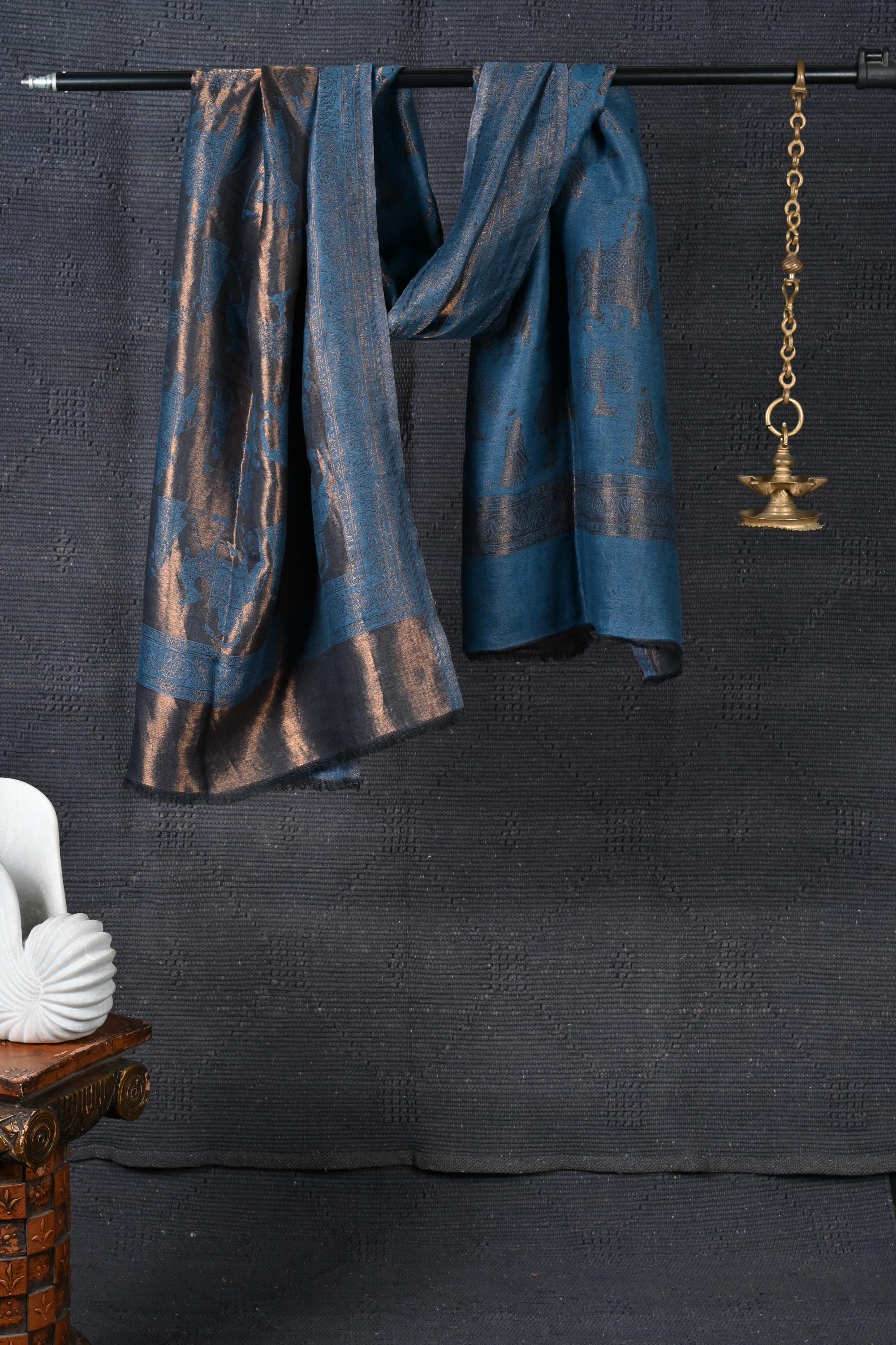 Double color Blue and Gold Reversible Pashmina shawl self design , Dorukha Kashmiri Shawl, Exclusive and elegant, Ideal for Wedding gifts