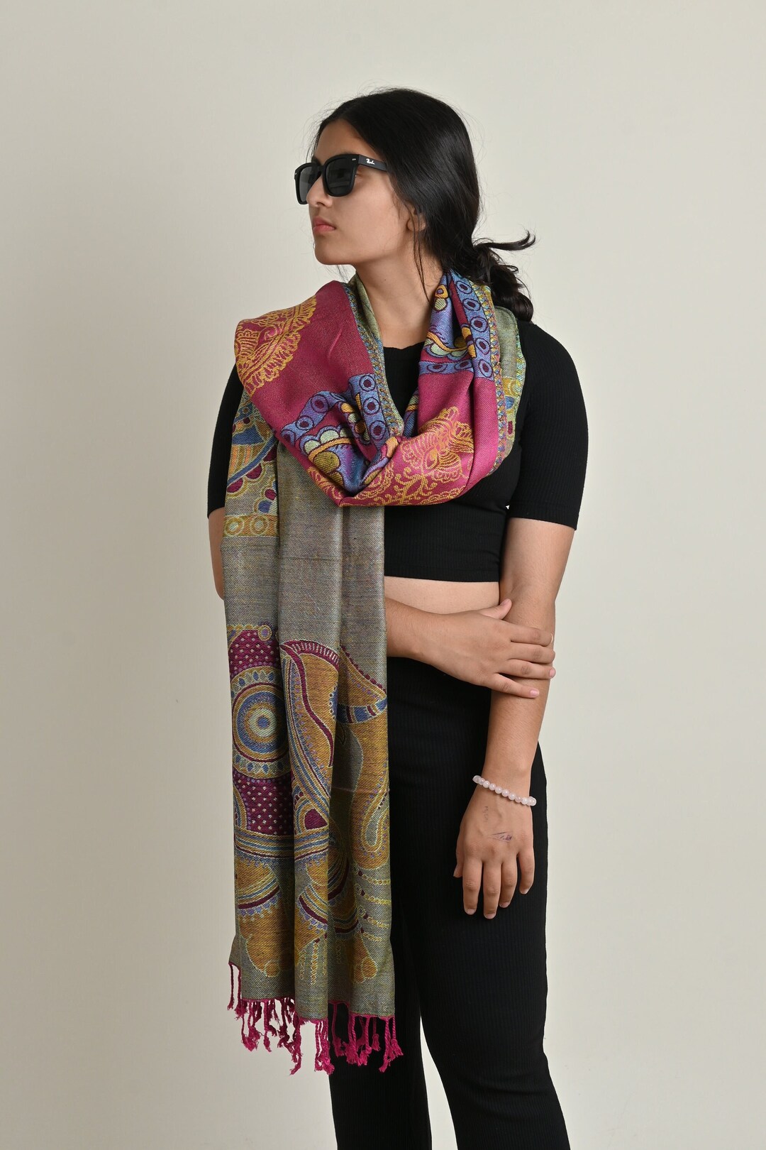 Bright Pink Wool Silk Scarf, Doublesided Scarf, Silk Handwoven Scarf