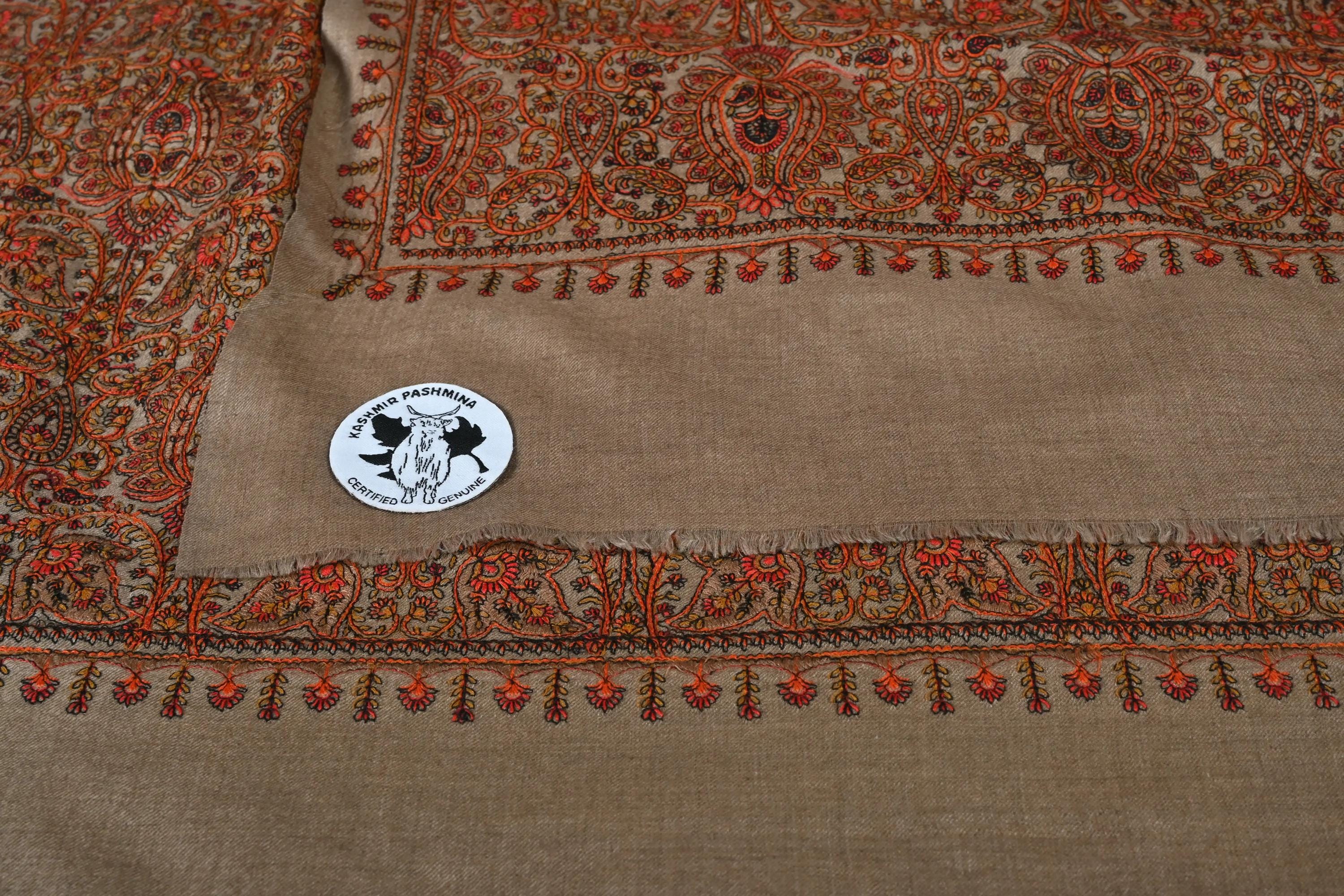 Deep Beige Color 100% Pashmina / Cashmere Shawl in Multicolor