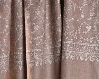 Natural Colored fine Pashmina Cashmere shawl with Hand embroidery, Floral Pattern, Jaal design, Special Hand made gifts
