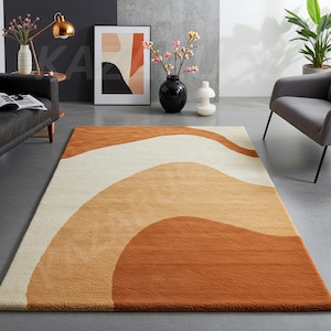 Abstract Curve Hand-Tufted Wool Rug rectangular Shape terracotta Color 8X10 Area Rug for living funky room.