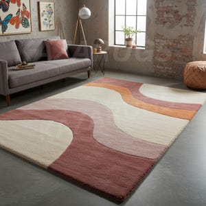 Sunset Waves Abstract Hand-Tufted Wool Rug Rectangular Shape terracotta Color 8X10 Area Rug for living funky room.