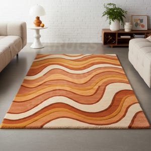Retro Wave Hand-Tufted Wool Rug rectangular Shape Orange Color 8X10 Area Rug for living funky room.