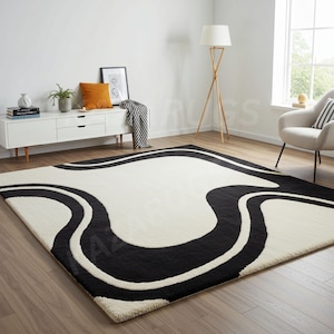 Modern Abstract Black & White Hand-Tufted Wool Area Rug | Contemporary Wavy Design 8X10 Area Rug for living funky room.