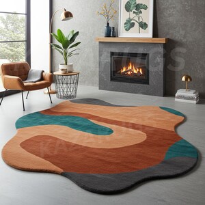 Abstract Wavy Hand-Tufted Wool Rug Irregular Shape Beige & brown Color 8X10 Area Rug for living funky room.