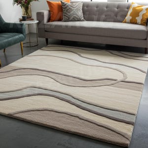 Neutral Abstract Wave Hand-Tufted Wool Rug | Modern Beige & Grey Area Rug 8X10 Area Rug for living funky room.
