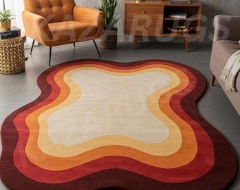 Tapis en laine abstrait violet orange ivoire tufté à la main de forme irrégulière couleur pourpre 8 x 10 tapis pour la vie dans une pièce originale.