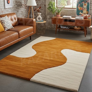 Abstract Wave Hand-Tufted Wool Rug rectangular Shape Terracotta & Cream Color 8X10 Area Rug for living funky room.