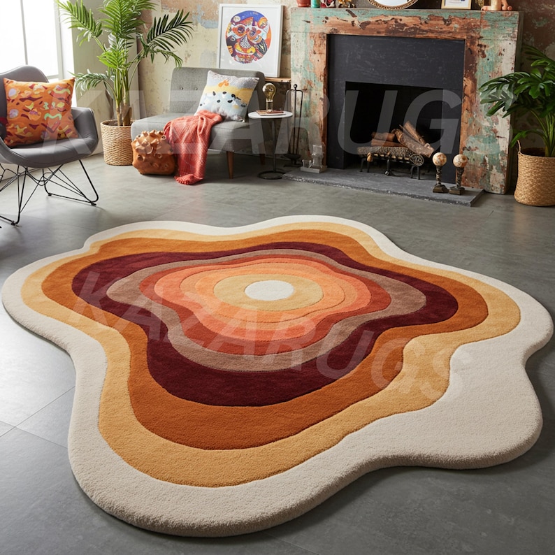 Alfombra de lámpara de lava abstracta y elegante, hecha a mano, de lana con mechones irregulares, color naranja, 8 x 8 pulgadas, alfombra personalizada hecha a mano para una decoración del hogar moderna.