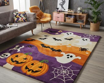 ハンドタフテッド 不気味な夜のハロウィンエリアラグ トリック・オア・トリート パンプキン ゴースト コウモリ カーペット パープル オレンジ 子供部屋 季節の装飾