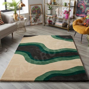 Oversized Abstract Wave Hand-Tufted Wool Rug Irregular Shape baige and Green Color 8x10 handmade Custom area rug for funky décor.