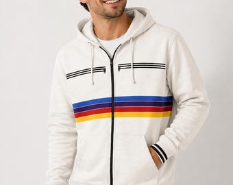 Men's Retro Striped Zip-Up Hoodie, Vintage Color Block Sweatshirt, Y2K Streetwear Fleece Jacket