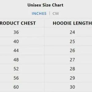 May include: A unisex size chart with measurements in inches and centimeters. The chart includes sizes XS to XXXL, listing body chest, product chest, hoodie length, and product sleeves measurements. The text "Unisex Size Chart" is at the top.