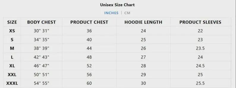 May include: A unisex size chart with measurements in inches and centimeters. The chart includes sizes XS to XXXL, listing body chest, product chest, hoodie length, and product sleeves measurements. The text "Unisex Size Chart" is at the top.