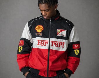 Ferrari Style Racing Jacket Vintage F1 Bomber Red Black White Motorsport Jacket Unisex Streetwear