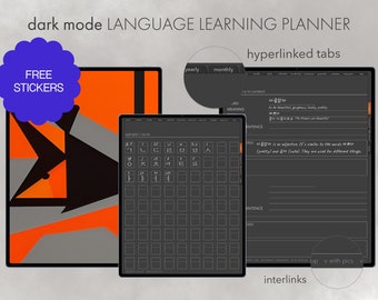 Dark Mode Hyperlinked Language Learning Planner Workbook Vocabulary Notebook Digital Study Tracker Goodnotes Language Study Korean Spanish