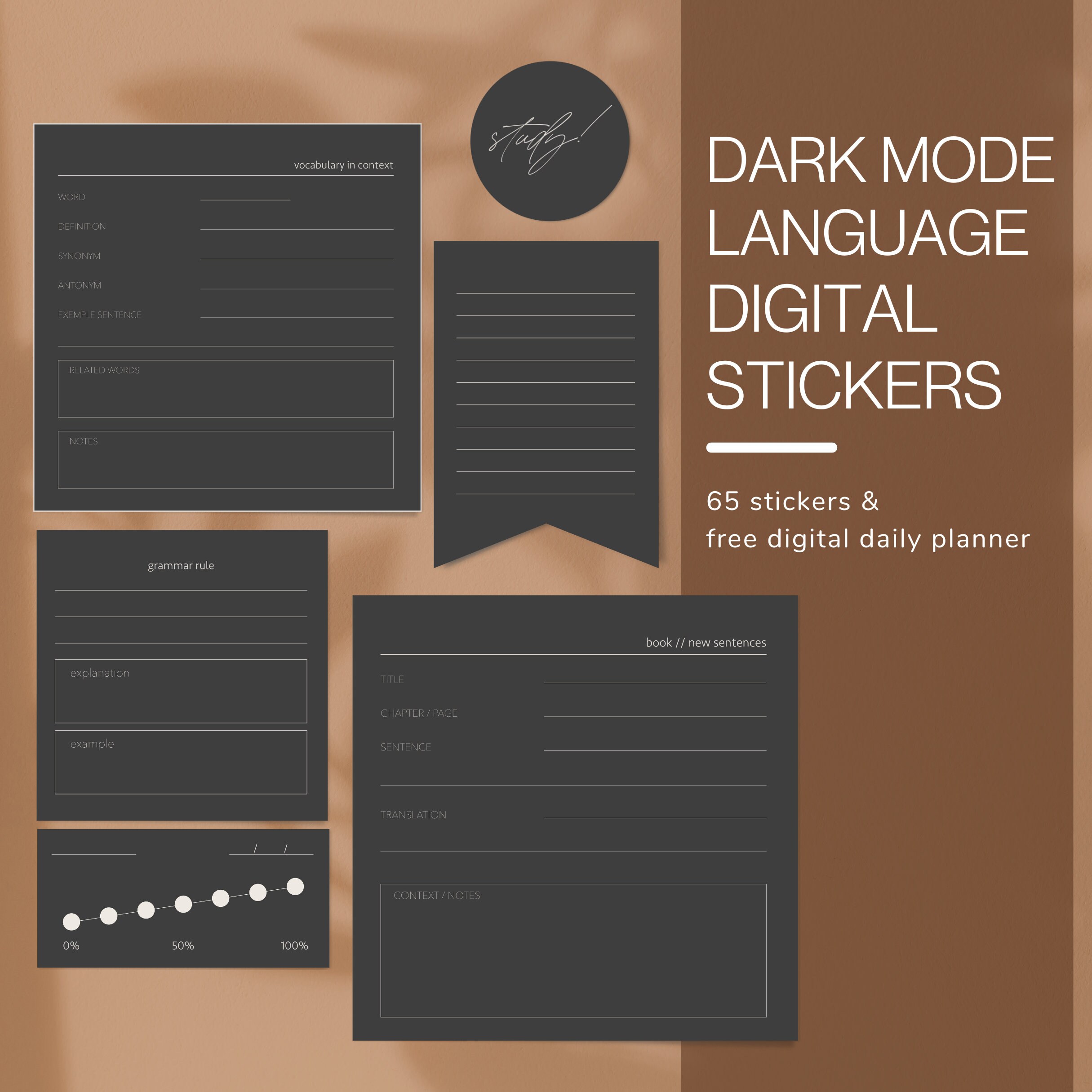 Dark Mode Language Learning Digital Stickers Vocabulary Grammar Synonym ...