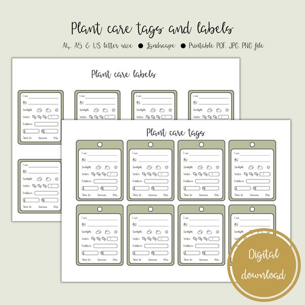 Plant Care Tags, Plant Care Label, Printable Houseplant Tag, Indoor plant Tag, Plant care tags for gifts, A4, A5, US Letter size PDF