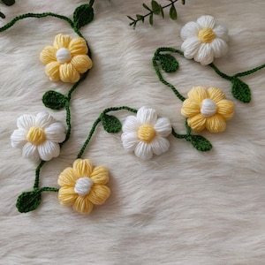 Yellow White Daisy Garland, Crochet Daisy Wall Decor with Flowers and Leaves, Baby Shower Party and Chair Decorations, Nursery Floral Banner