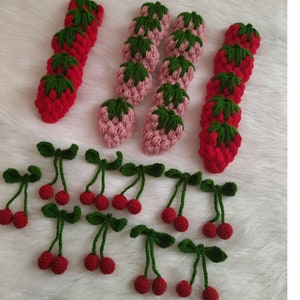 6/12/20 Strawberry Applique for Knit Cardigan, 3D Crochet Strawberry Motif, Crochet Patch, Hand Knit Fruit, Cardigan Accessory, Red Ornament