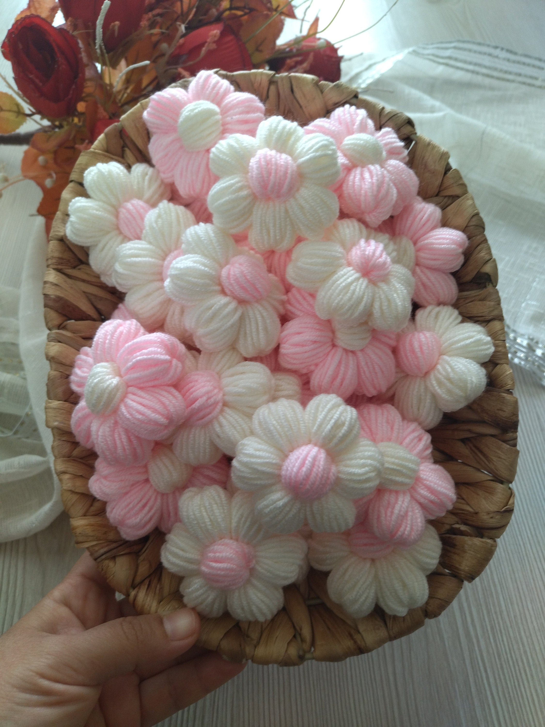 Pink Handcraft 20 Pcs White-pink Crochet Daisy Applique,handcraft Flowers Patches ...