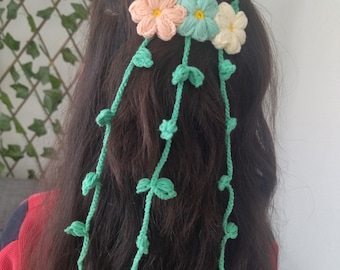 Crochet Colorful Flower Garden Hair Clip, Daisy Hair Ornament and Accessory, Daisy Embroidered Hair Wreath Gift for Girls and Mothers