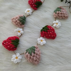 Red and Pink Strawberry Garland, Crochet Flowers Bunting, Big Hanging, Girl Baby Wall Decor
