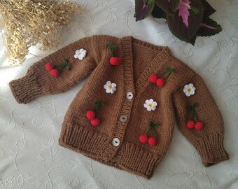 Cherry Knitted Baby Cardigan,Girl Baby Gift,Organic,Trend,Fruit Cardigan,Cherry Baby Sweater,Baby Girl Knit Clothes, Crochet 3D Cherry