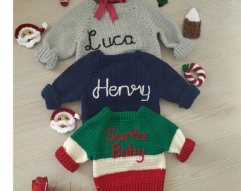 Knitted Baby Sweater for Christmas,Name Embroidered Toddler Sweater,Personalized Christmas Gift,Kids Outfit,Crochet Holiday Kids Cardigan