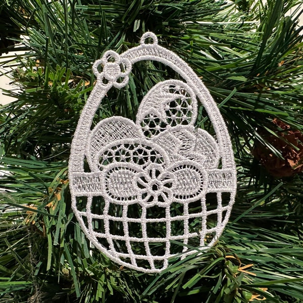 Easter Tree Ornament | Lace Easter Egg Basket with Eggs Ornament | Elegant Embroidered Lace Easter Tree Ornament