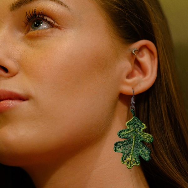 Custom Embroidered Oak Leaf Earrings. Handmade Lightweight Dangle Earrings. Embroidered Variegated Oak Leaf Earrings.