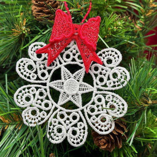 Elegant Lace Christmas Ornaments. Ornate Snowflakes, Ball, Bell, Candle, Angel, Tree, Gingerbread, Snowman, Stocking, and Reindeer Ornaments