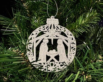 Elegant Nativity Ornament, Holy Family, Stable, Star of Bethlehem, Embroidered Lace Christmas Décor, Religious Christmas Décor