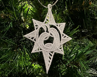 Elegant Star of Bethlehem Ornament with Long Tail - Holy Family Nativity Scene - Embroidered Lace Christmas Décor