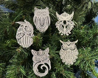 White Lace Owl Ornaments, Handmade Battenburg/Tatted Lace Style Christmas Tree Decorations, Woodland Bird Home Décor, Gift Toppers