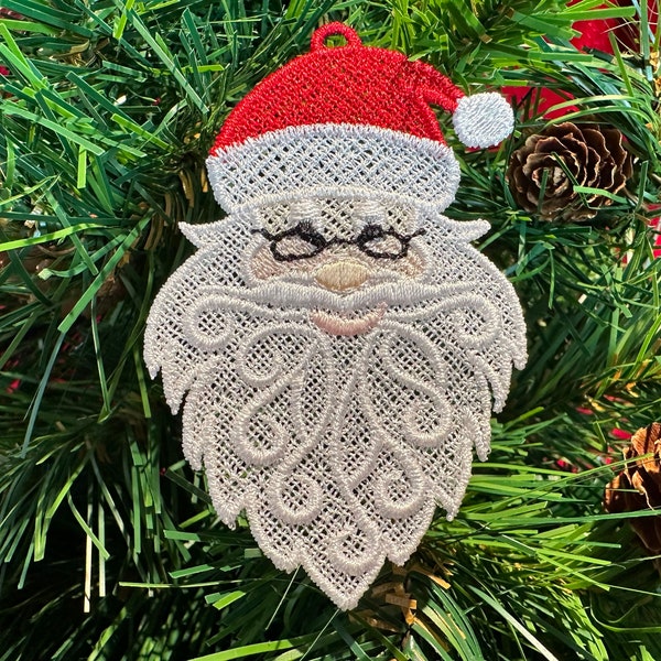 Elegant Lace Santa Face Christmas Ornament. Ornate Embroidered Christmas Santa Face Ornament.