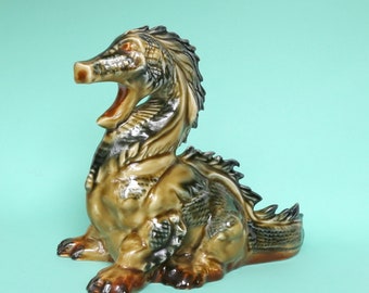 Vintage Ukrainian Majolica Ceramic Folk Art Handmade Pottery Figurine, Dragon