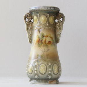 Antique porcelain vase Yellow roses Art Nouveau porcelain 19th century