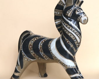 Vintage Ukrainian Majolica Ceramic Folk Art Handmade Pottery Figurine Zebra