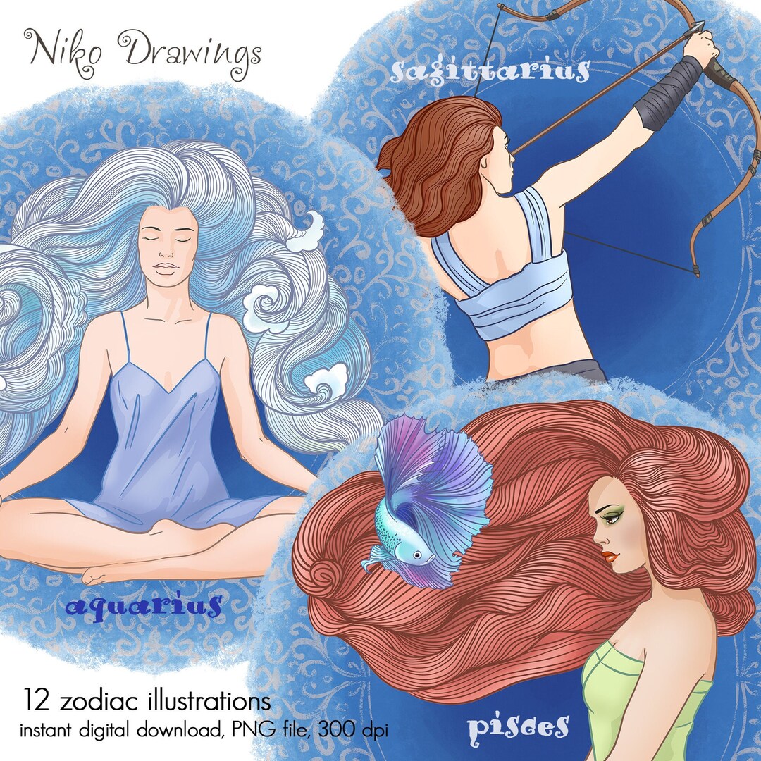 12 Female Zodiac Illustrations Set. Zodiac Pictures Are on Etsy