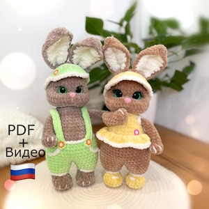 Könnte beinhalten: Zwei gehäkelte Plüsch-Hasenspielzeuge, eines trägt ein grünes Outfit und das andere ein gelbes Outfit. Beide Hasen haben braunes Fell, weiße Ohren und grüne Augen. Der Text "PDF + Видео" ist im Bild sichtbar.