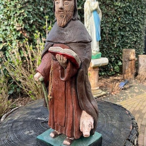 Estatua de piedra de San Antonio Abad con cerdo – Schutt St. Anthonius Tegelen – Estatua pesada de santo – Interior/Exterior – Decoración religiosa católica