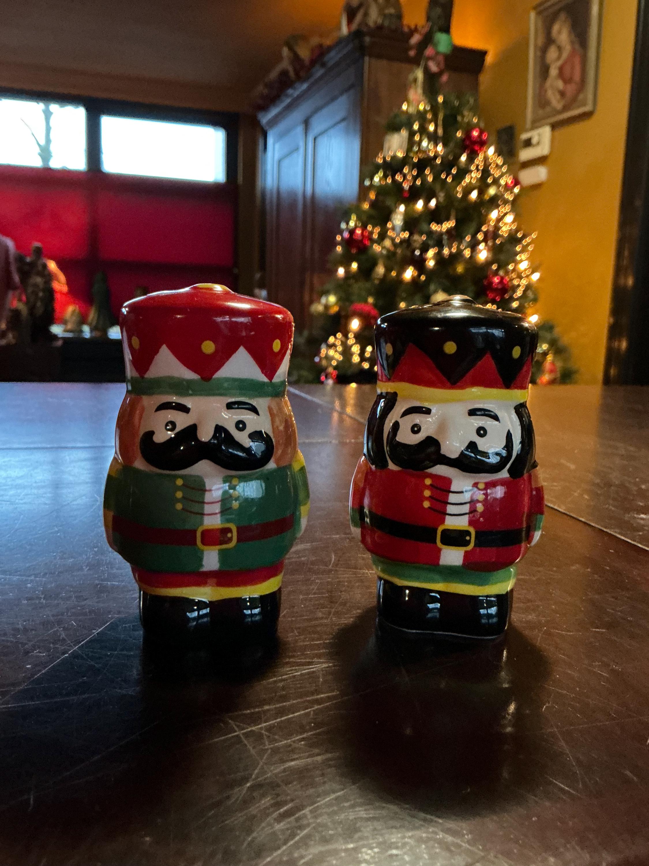 Nutcracker Soldier Salt & Pepper Shakers Set - Christmas Ceramic Shakers, 6.5 Inch Tall, Red & Green