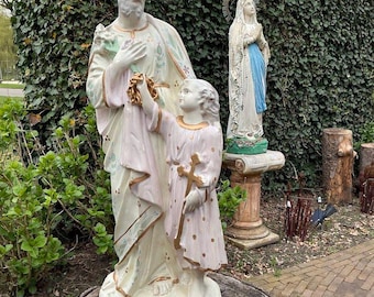 Statue ancienne de saint Joseph avec l'Enfant Jésus – années 1930/40 – Grande statue en plâtre d'un saint – Couleurs pastel – Décoration religieuse catholique
