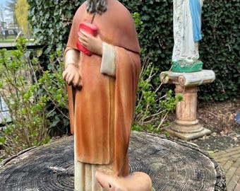 Estatua antigua de San Antonio Abad con cerdo – década de 1960 – Estatua de yeso de un santo – Decoración religiosa católica – Objeto devocional