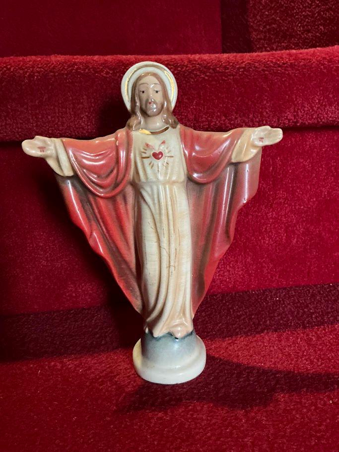Antique Porcelain Sacred Heart Statue of Jesus With Wooden Console ...