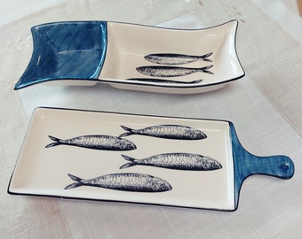 Bandeja portuguesa de cerâmica para aperitivos de sardinha, conjunto de duas peças