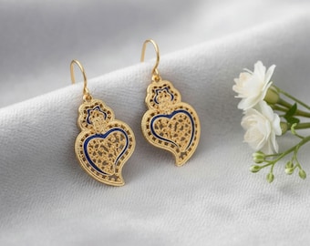 Gold Plated Filigree Dangle Earrings, Heart of Viana Drop Earrings, Portuguese Filigree Blue Enamel Jewelry, Gift
