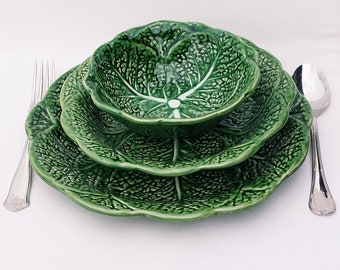 Ceramic Plates Set, Portuguese Ceramic, Ceramic Plates Handmade Porttery, Ceramic plate set for 2, Ceramic Cabbage leaf design