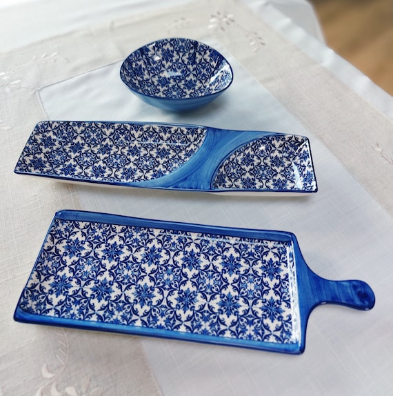 Portugiesische Keramik-Aperitiftablett-Set mit handbemalten